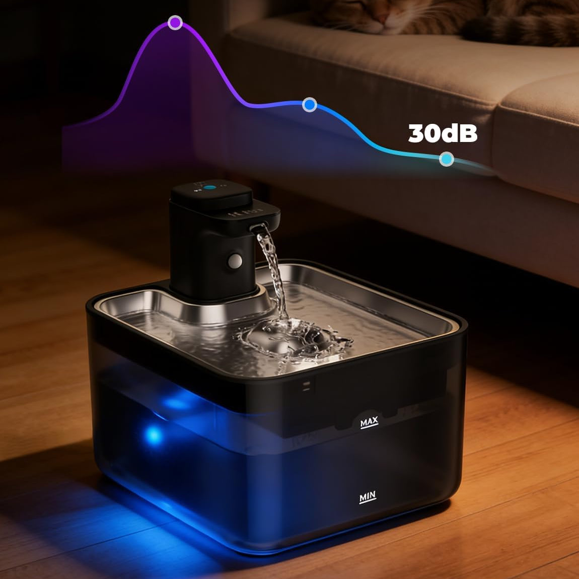 Oerates at less than 30 dB for a quiet environment